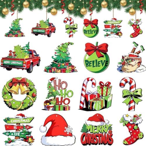24-Piece Wooden Christmas Hanging Ornaments, Green Tree Decorations in Classic Patterns