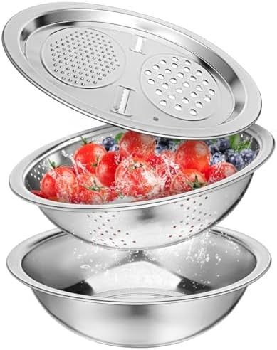 Stainless Steel Colander Strainer Basin Set with Vegetable Grater Plate and Drainer Basket