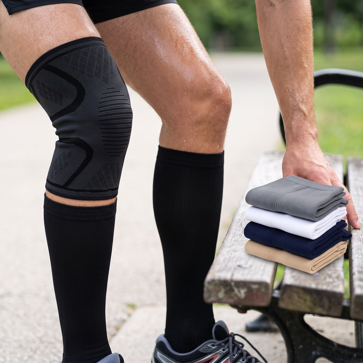Knee & Leg Recovery Kit: Knee Compression Sleeve + 5 Pairs 15-20 mmHg Compression Socks