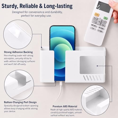 Wall Mount Phone Holder with Charging Cable Slot, Adhesive Remote Control Holder
