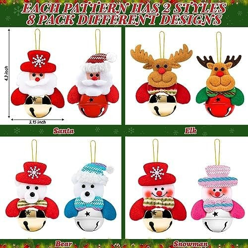 8-Piece Christmas Plush Bell Ornament Set, Santa and Bear Hanging Decorations