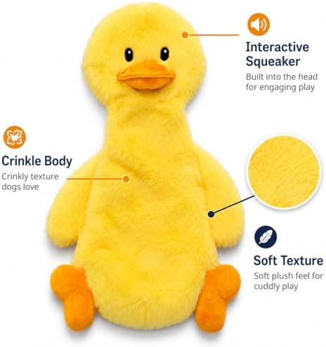 Interactive Crinkle Duck Dog Toy, 14 x 8 Inch No-Stuffing Plush Squeaky Toy