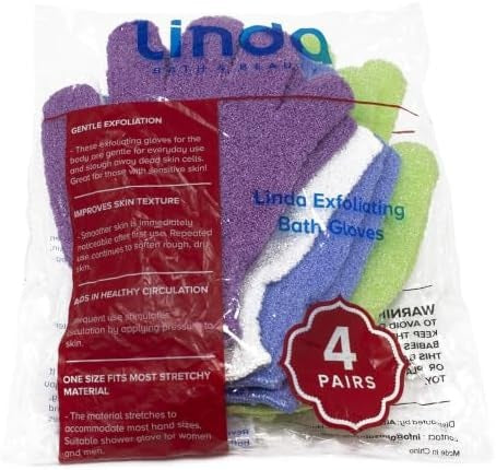 Linda Exfoliating Bath Gloves, Pack of 4 for Shower and Body Scrubbing