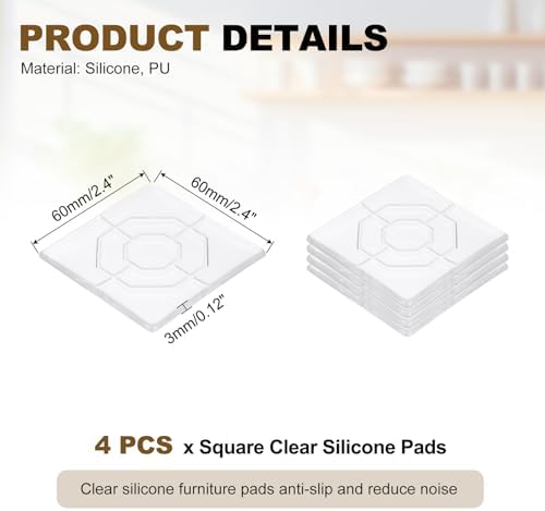 4-Pack Clear Silicone Furniture Pads, 2.4 Inch Square Non-Slip Self-Adhesive Feet