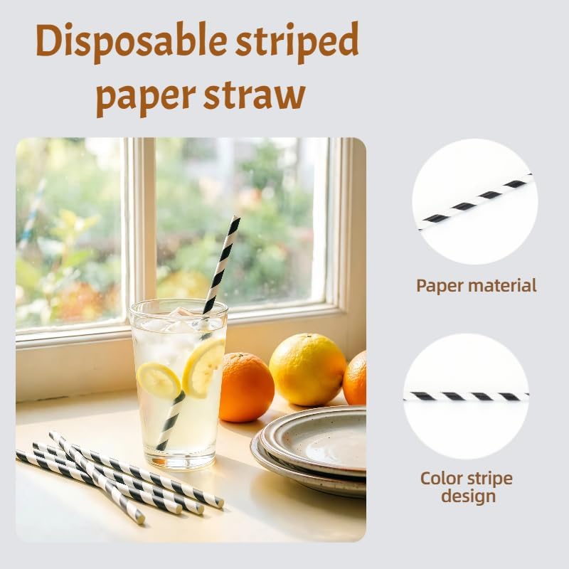 100-Pack Black and White Striped Paper Straws, 7.75 Inch Compostable Drinking Straws