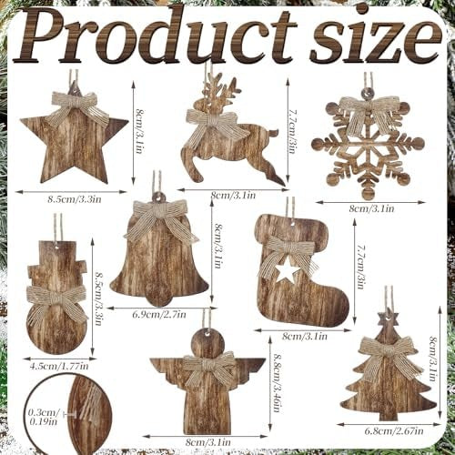 8-Piece Rustic Wooden Christmas Tree Ornaments, Vintage Farmhouse Hanging Decorations