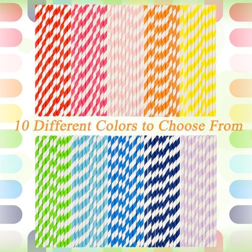 100-Pack Rainbow Striped Paper Straws, 10 Assorted Colors, Biodegradable Drinking Straws