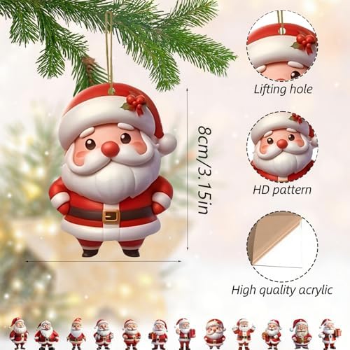 12-Piece Cartoon Santa Claus Christmas Tree Ornaments, Acrylic Hanging Decorations