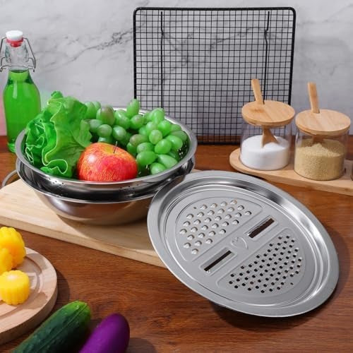 Stainless Steel Colander Strainer Basin Set with Vegetable Grater Plate and Drainer Basket
