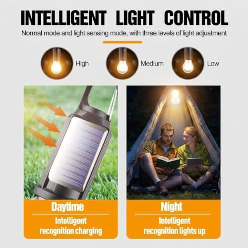Solar Camping Lantern, USB Rechargeable LED Tent Light, Waterproof Outdoor Hanging Lamp
