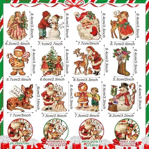 36-Piece Retro Wooden Christmas Tree Ornaments, Vintage Hanging Decor, Assorted Designs