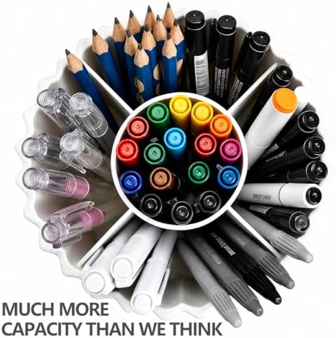 360 Rotating Desk Pen Holder, White Ripple Pattern 5-Compartment Pencil Cup