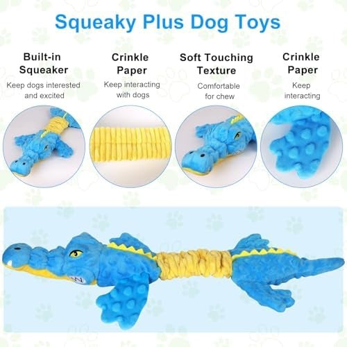 Crocodile Squeaky Plush Dog Toy with Crinkle Paper, Interactive Chew Toy
