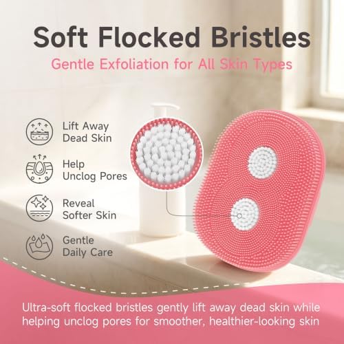 Silicone Body Scrubber with Flocked Bristles and Hand Strap, 5 Inch Pink
