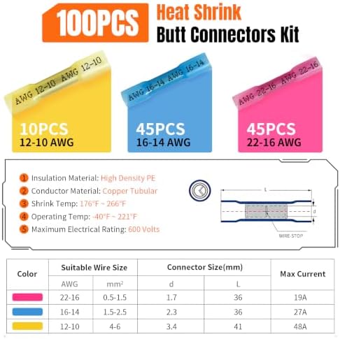 100-Piece Heat Shrink Wire Butt Connectors Kit, 22-10 Gauge Waterproof Splice Set