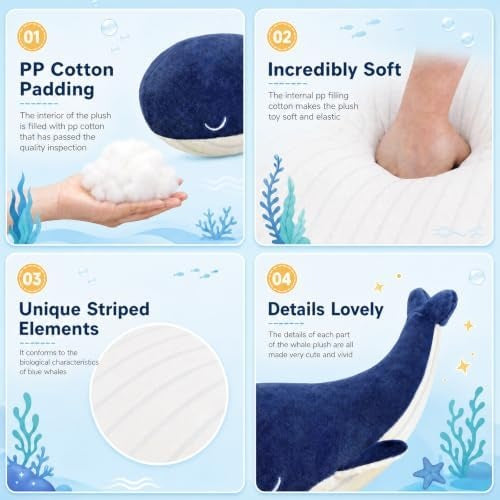 MUPI Whale Plush Pillow, Blue, 18 Inch Stuffed Animal