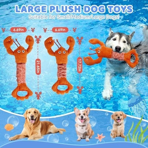 Lobster Plush Squeaky Dog Toy with Stretchy Tug Band, Interactive Chew Toy
