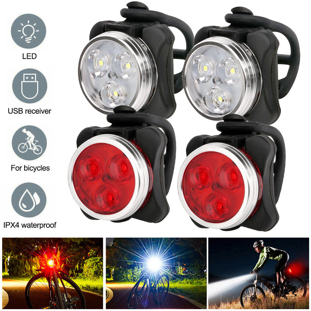 Night Ride Bike Kit: USB Rechargeable Bike Light Set + 2 Aluminum Water Bottle Cages