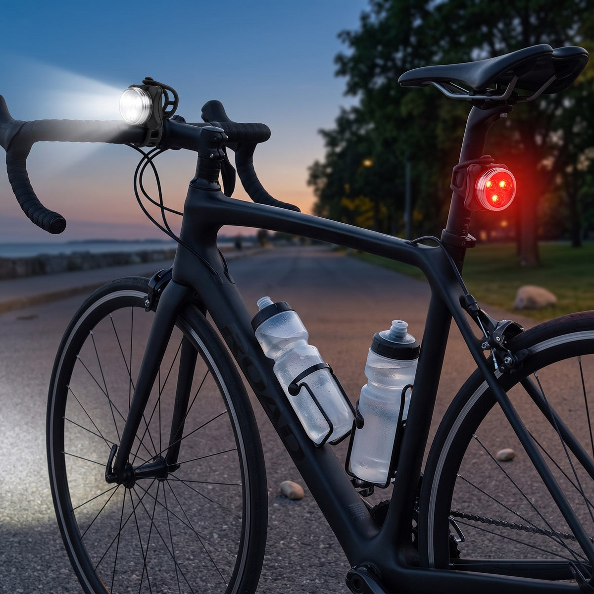 Night Ride Bike Kit: USB Rechargeable Bike Light Set + 2 Aluminum Water Bottle Cages