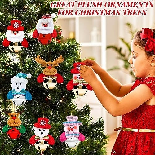 8-Piece Christmas Plush Bell Ornament Set, Santa and Bear Hanging Decorations