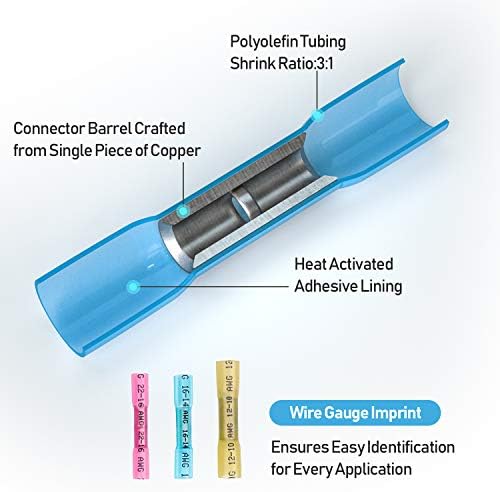 100-Piece Heat Shrink Butt Connectors Kit, Waterproof Crimp Splice Terminals, 22-10 AWG