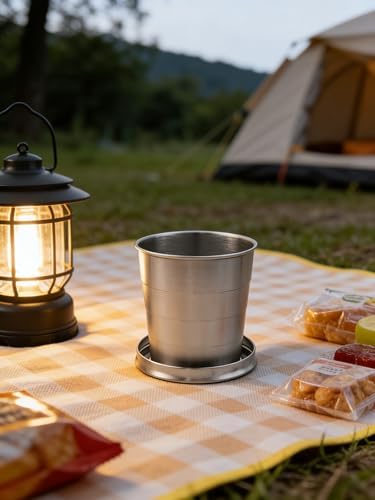 Stainless Steel Collapsible Travel Cup with Keychain Lid, 8.45 oz Folding Camping Mug
