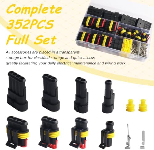 352-Piece Waterproof Car Wire Connector Kit, Male and Female 1 2 3 4 Pin, 22-16 AWG