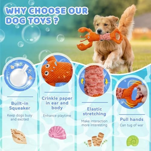 Lobster Plush Squeaky Dog Toy with Stretchy Tug Band, Interactive Chew Toy