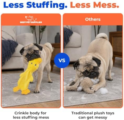 Squeaky Crinkle Duck Dog Toy, No-Stuffing Plush, Yellow