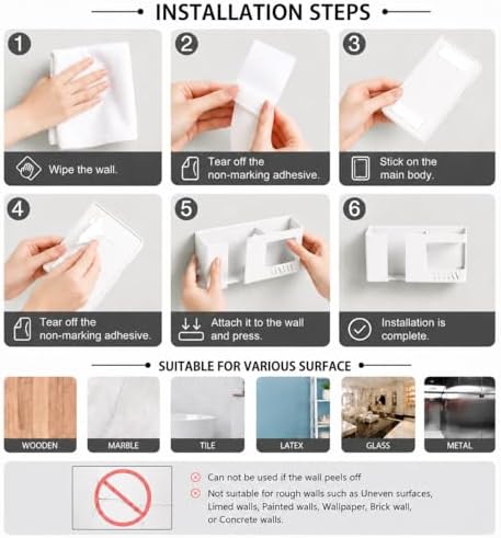 Wall Mount Phone Holder with Charging Cable Slot, Adhesive Remote Control Holder