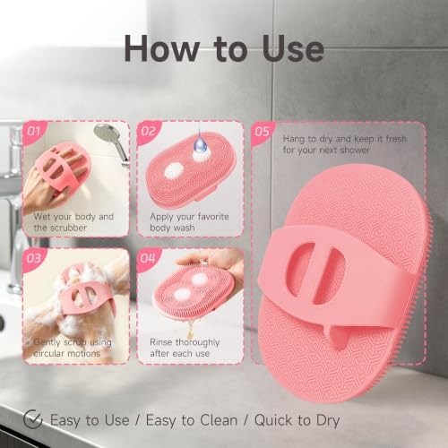 Silicone Body Scrubber with Flocked Bristles and Hand Strap, 5 Inch Pink