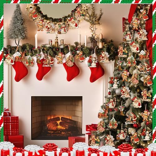 36-Piece Retro Wooden Christmas Tree Ornaments, Vintage Hanging Decor, Assorted Designs