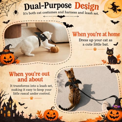 Cat Harness and Leash Set with Bat Wings, Escape Proof Adjustable Halloween Vest, Small