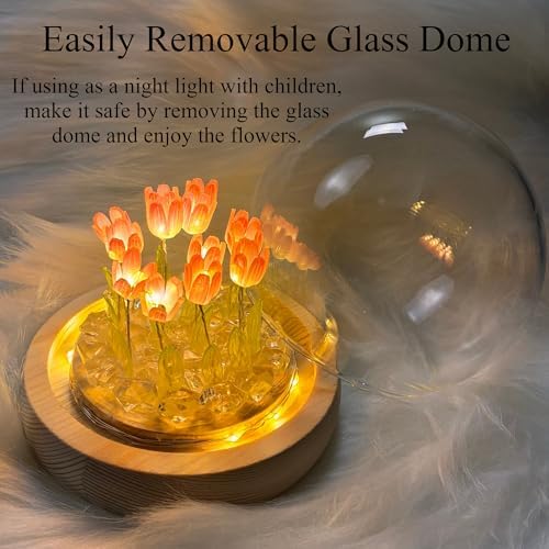 Tulip Flower Lamp with Glass Globe, LED Night Light Gift for Mom, Bedroom & Desk Decor