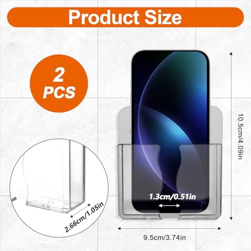 2-Pack Transparent Wall Mount Phone Holders with Charging Hole, Self-Adhesive Bedside Stand