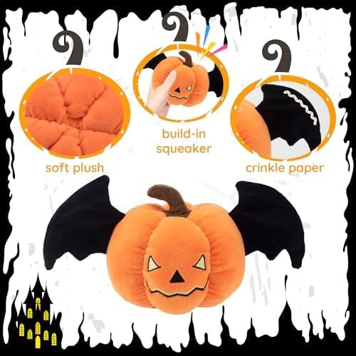 Halloween Pumpkin Squeaky Plush Dog Toy with Crinkle Wings for Puppies
