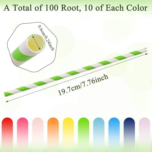 100-Pack Rainbow Striped Paper Straws, 10 Assorted Colors, Biodegradable Drinking Straws