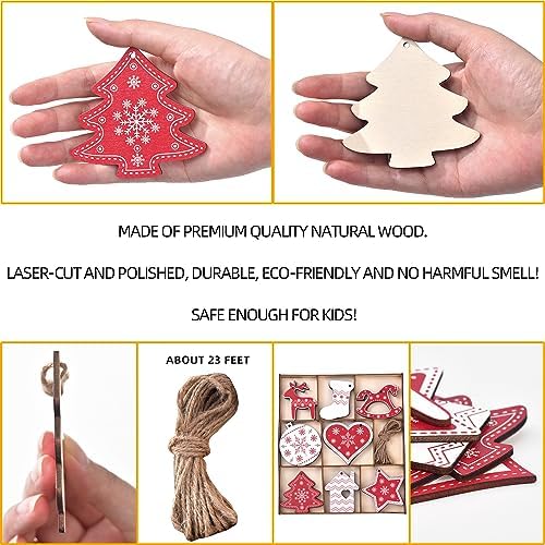 32-Piece Rustic Wooden Christmas Tree Hanging Ornaments, 16 Farmhouse Styles