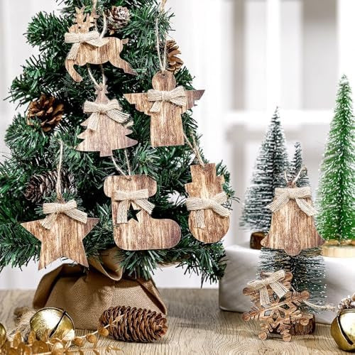 8-Piece Rustic Wooden Christmas Tree Ornaments, Vintage Farmhouse Hanging Decorations