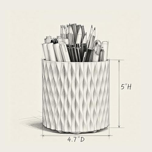 360 Rotating Desk Pen Holder, White Ripple Pattern 5-Compartment Pencil Cup