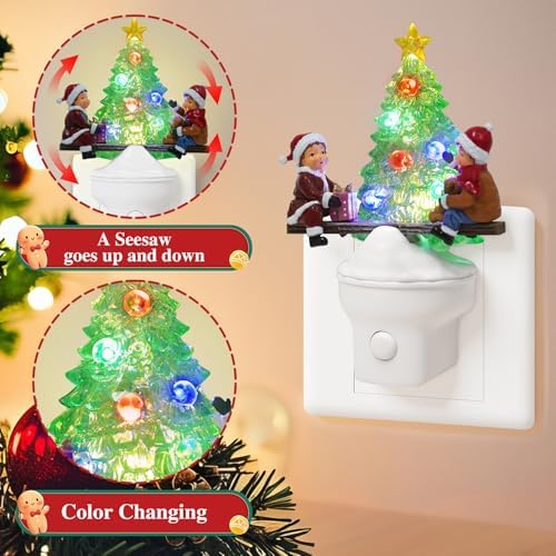 2-Pack Christmas Tree Night Lights, Plug-In LED Holiday Nightlight with USB Option