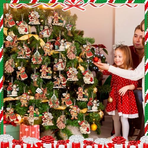 36-Piece Retro Wooden Christmas Tree Ornaments, Vintage Hanging Decor, Assorted Designs