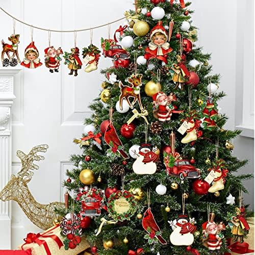 24-Piece Vintage Wooden Christmas Hanging Ornaments, 12 Styles