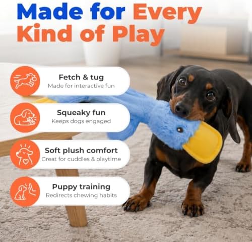 Best Pet Supplies Crinkle Duck Squeaky Plush Dog Toy, Blue, Soft Interactive Toy