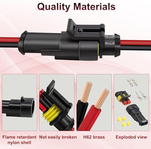 10-Set Waterproof Automotive Electrical Connectors, 16 AWG 2 Pin with Leads