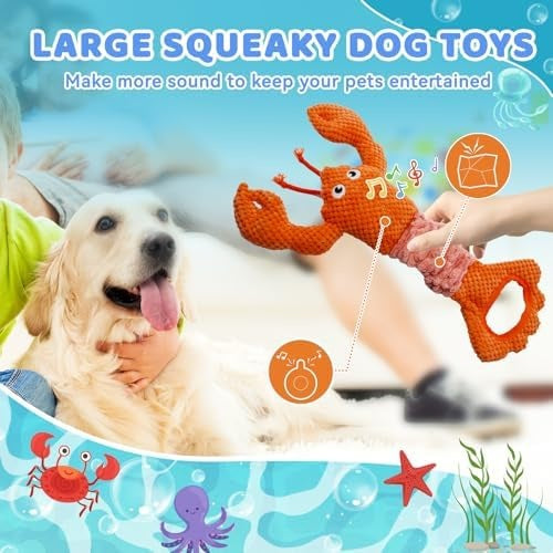 Lobster Plush Squeaky Dog Toy with Stretchy Tug Band, Interactive Chew Toy
