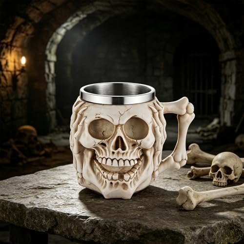 Stainless Steel Skull Beer Mug, 13.5 oz Gothic 3D Skull Tankard