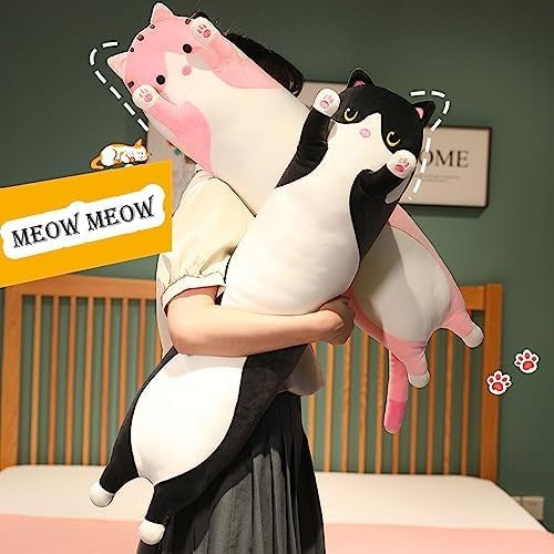 Black Cat Long Plush Pillow, 18 Inch Stuffed Animal Sleeping Throw Pillow