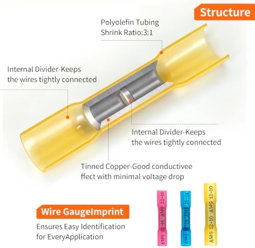100-Piece Heat Shrink Wire Butt Connectors Kit, 22-10 Gauge Waterproof Splice Set
