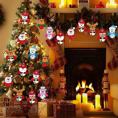8-Piece Christmas Plush Bell Ornament Set, Santa and Bear Hanging Decorations